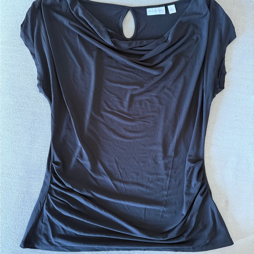 New York & Company Blue Asymmetrical Cap Sleeve Blouse